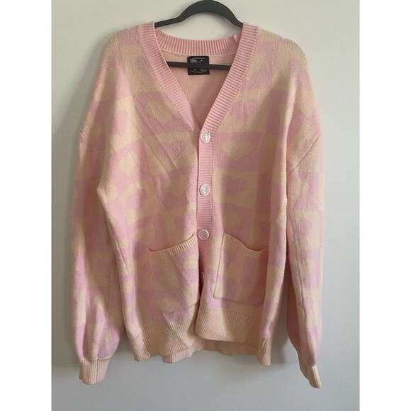 Steady Hands Knit Button Front Cardigan Size M/L Pink Hearts Pockets Print - Picture 1 of 9